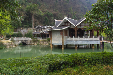 Fototapeta na wymiar Chinese house near the lake during early spring in National Park 