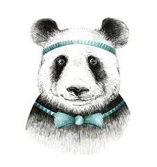 Fototapeta premium Watercolor panda illustration. Bohemian cute animal. Boho style. Nursary art print. Feathers collection