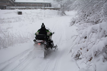 Man on snowmobile. Winter landscape on mountain Stara Planina, Serbia-Europe