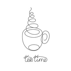 Continuous line cup of hot tea or coffee with steam