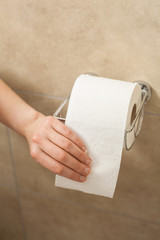 Hand pulling toilet paper roll in holder