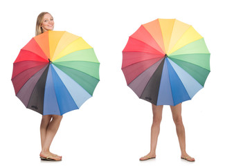 Young woman with umbrella isolated on white