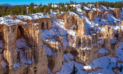 Rock formations in the snow at Bryce Canyon National Park in Utah