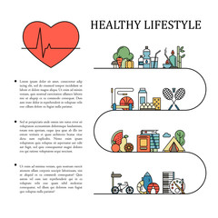 Healthy lifestyle vector infographic information in line style with heart shape. Natural life background illustration. Proper nutrition and physical activity. Colorful icons set isolated.