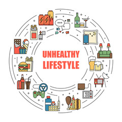 Fototapeta na wymiar Unealthy lifestyle habits colorful line vector icons isolated. Fast junk food, bag habits, waste of time. Obesity and bad health circle illustration.