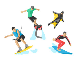 Vector drawing jumping extremesilhouettes illustration life skateboard set speed skydiver skateboarder roller skate wakeboard surfing flyboard