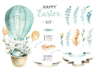 Naklejka premium Hand drawn watercolor happy easter set with bunnies design.Rabbit bohemian style, watercolour isolated illustration on white. natural boho style. nest, quail, thrush, birth, tree.