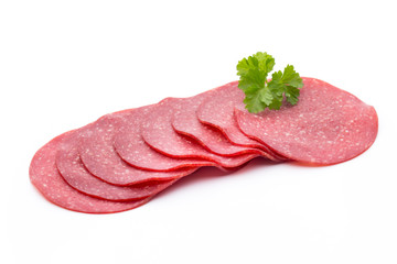 Salami smoked sausage one slice isolated on white background cutout.