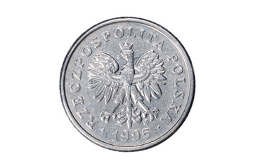 Fifty groszy. Polish zloty. The Currency Of Poland. Macro photo of a coin. Poland depicts a Fifty-Polish groszy coin. Isolated on white background.
