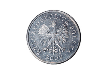 Twenty groszy. Polish zloty. The Currency Of Poland. Macro photo of a coin. Poland depicts a Twenty-Polish groszy coin. Isolated on white background.