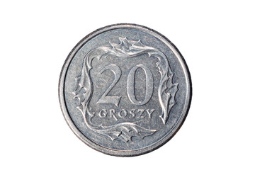 Twenty groszy. Polish zloty. The Currency Of Poland. Macro photo of a coin. Poland depicts a Twenty-Polish groszy coin. Isolated on white background.