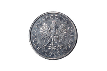 Ten groszy. Polish zloty. The Currency Of Poland. Macro photo of a coin. Poland depicts a Ten-Polish groszy coin. Isolated on white background.