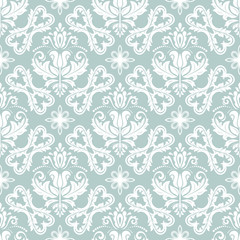 Fototapeta na wymiar Damask vector classic blue and white pattern. Seamless abstract background with repeating elements. Orient background
