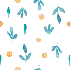 Watercolor seamless pattern with floral elements and dot memphis fashion style, bright design repeating background. Hand painted fashionable brush shapes. bohemian Flowers and leaves.