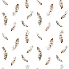 Feathers repeating pattern. Watercolor background with seamless