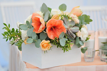 Wedding bouquet in white wooden box