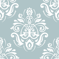 Damask vector classic blue and white pattern. Seamless abstract background with repeating elements. Orient background