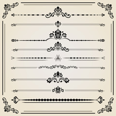 Fototapeta premium Vintage set of vector decorative elements. Horizontal separators in the frame. Collection of different ornaments. Classic patterns. Set of vintage patterns