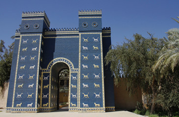 The main entrance to ruins of the ancient Babylon is build in shape of the Ishtar gate which was...