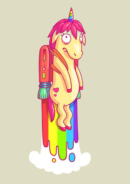 Funny hand drawn illustration of poor unicorn launched into space with jetpack making a rainbow. Vector decorative element with magic horse for print posters, t-shirts, stickers etc.