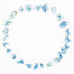 Floral frame of blue flowers isolated on white background, Flat lay, Top view. Floral background.