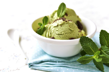 Mint ice cream with chocolate chips.