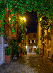 Fototapeta premium Nocny widok starej, przytulnej ulicy w Trastevere w Rzymie, Włochy