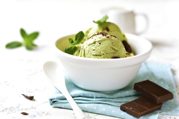 Homemade mint ice cream with chocolate chips.