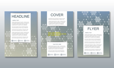 Set of business templates for brochure, flyer, cover magazine in A4 size. Structure molecule DNA and neurons. Geometric abstract background. Medicine, science, technology. Scalable vector graphics.