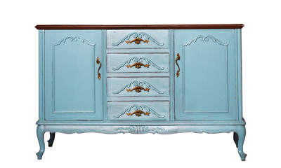 Vintage blue wooden dresser isolated on white. Ethnic dresser. Antique cupboard. Clothes closet....