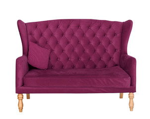 Purple soft sofa with fabric upholstery isolated on white