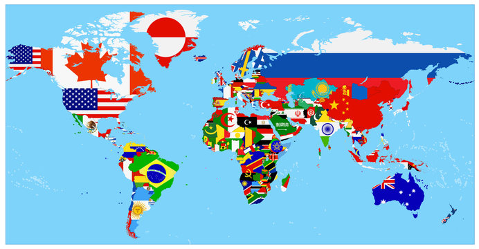 World Flag Map with a blue background