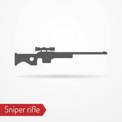 Abstract isolated sniper rifle icon in silhouette style with shadow. Typical army sharpshooter or hunter weapon. Military vector stock image.