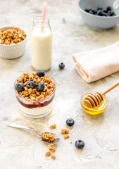 Morning granola in glass with yogurt, honey and milk on white desk