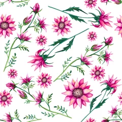 Fototapete Rund Seamless Pattern of Watercolor Bright Pink Flowers and Leaves © Nebula Cordata