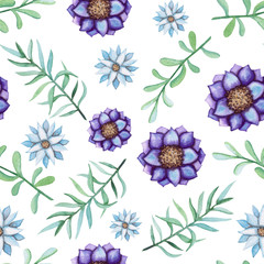 Seamless Pattern of Watercolor Bright Flowers and Green Leaves