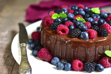 Chocolate cake with fresh berries.