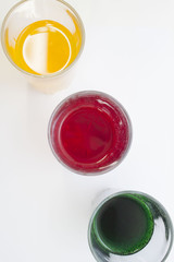 green, red, yellow, juice, glasses, view from the top