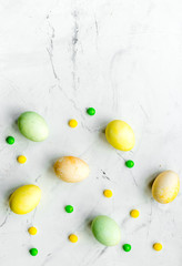 Easter concept eggs with tulip top view pattern