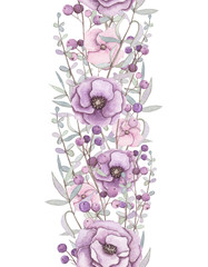 Seamless Border with Watercolor Light Violet Flowers and Berries