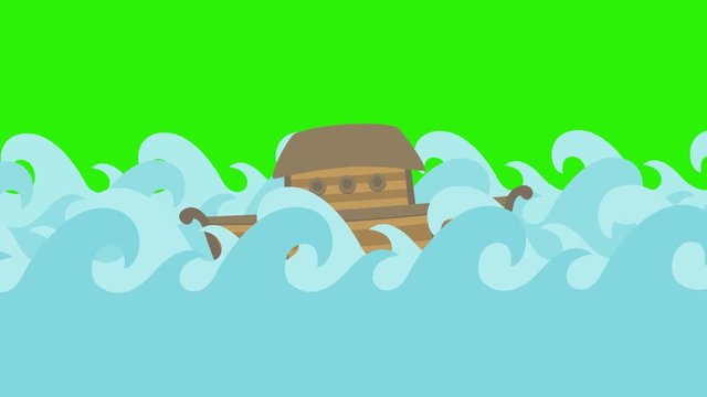 Noah's Ark Floating in the Middle of the Sea on a Green Screen