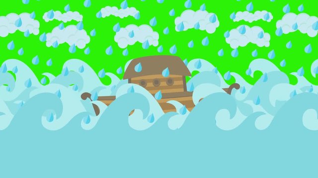 Noah's Ark Floating in the Middle of the Sea With Cloudy Sky and Rain on a Green Screen