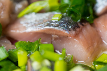 Sliced herring with green onion on a plate. Selective focus macro shot with shallow DOF.