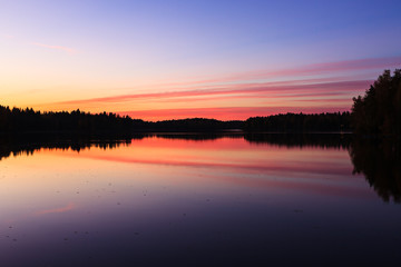 Serene view of calm lake and sunset clouds