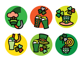 Set of vector illustration label for St. Patrick's Day. Irish symbols for design badges, stamps, patches. Clover, pot, hat, horseshoe, glass of beer