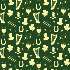 St Patrick's Day hand drawn seamless pattern, with leprechaun hat, coins, beer cup, four leaf clover, horseshoe and celtic harp vector illustration