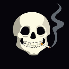 Vector cartoon illustration of a human skull with a burning cigarette between its teeth.