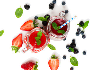 Two colorful smoothies, top view.