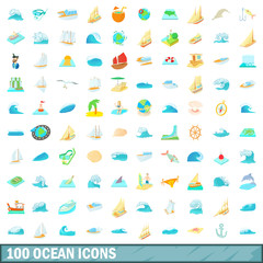 100 ocean icons set, cartoon style