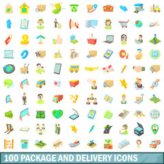 100 package and delivery icons set, cartoon style